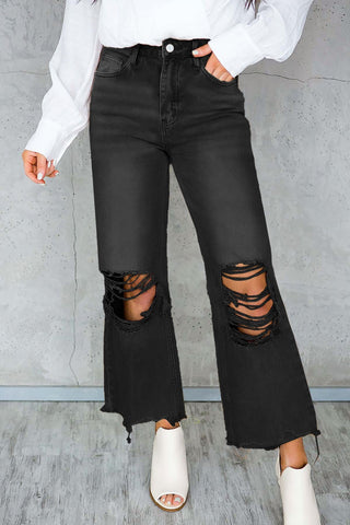 Black Distressed Cropped Flare High Waisted Jeans