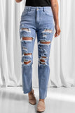 Raw hem distressed stretch denim