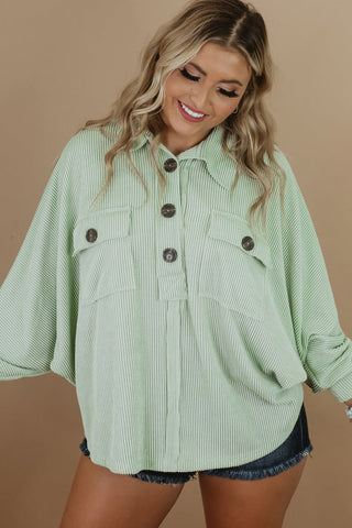 Green Plus Size Ribbed Henley Top