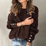 Round Neck Buttoned Cuffs Long Sleeve Knit Sweater