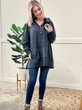 Cozy Oversized Button Front Hooded Pullover In Deep Grey