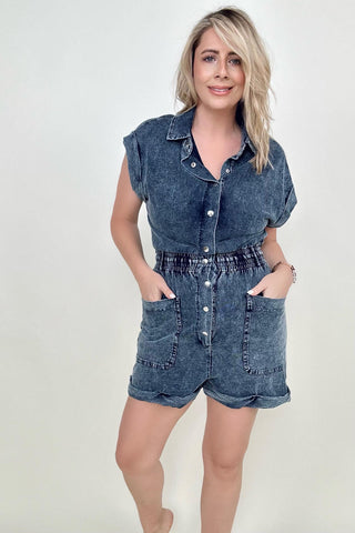 White Birch Short Sleeve Buttoned Front Woven Romper